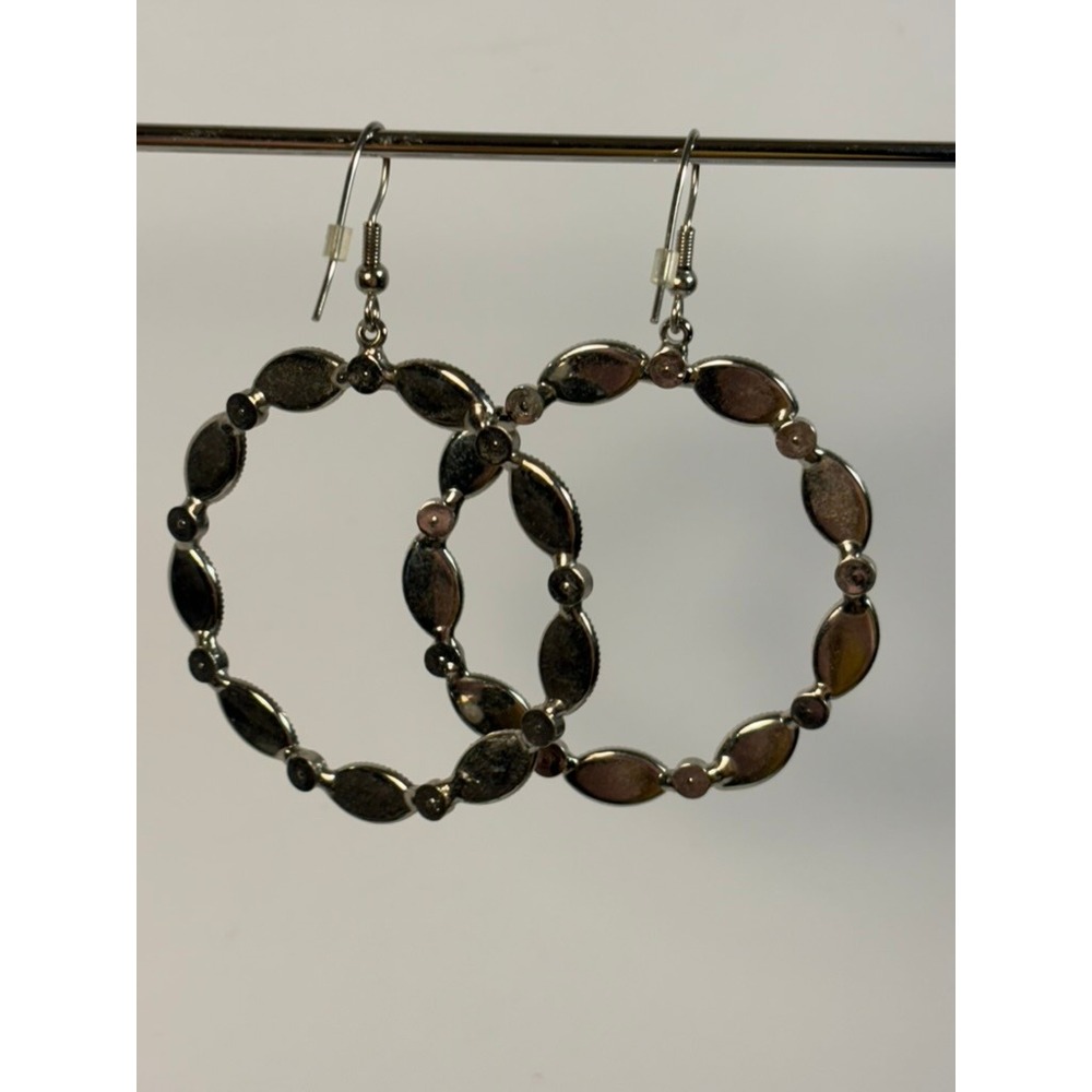 Glam Hoop Earrings Black Marquise Rhinestone‎ Silver Tone Dangle Statement